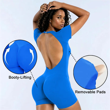 DENFY Women's Impact Short Sleeve One-Piece Bralette with Soft Padding, Tummy Control, and Butt Lifting Features for Gym and Yoga Activities - Strong Compression Design