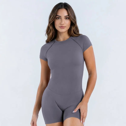 DENFY Women's Impact Short Sleeve One-Piece Bralette with Soft Padding, Tummy Control, and Butt Lifting Features for Gym and Yoga Activities - Strong Compression Design
