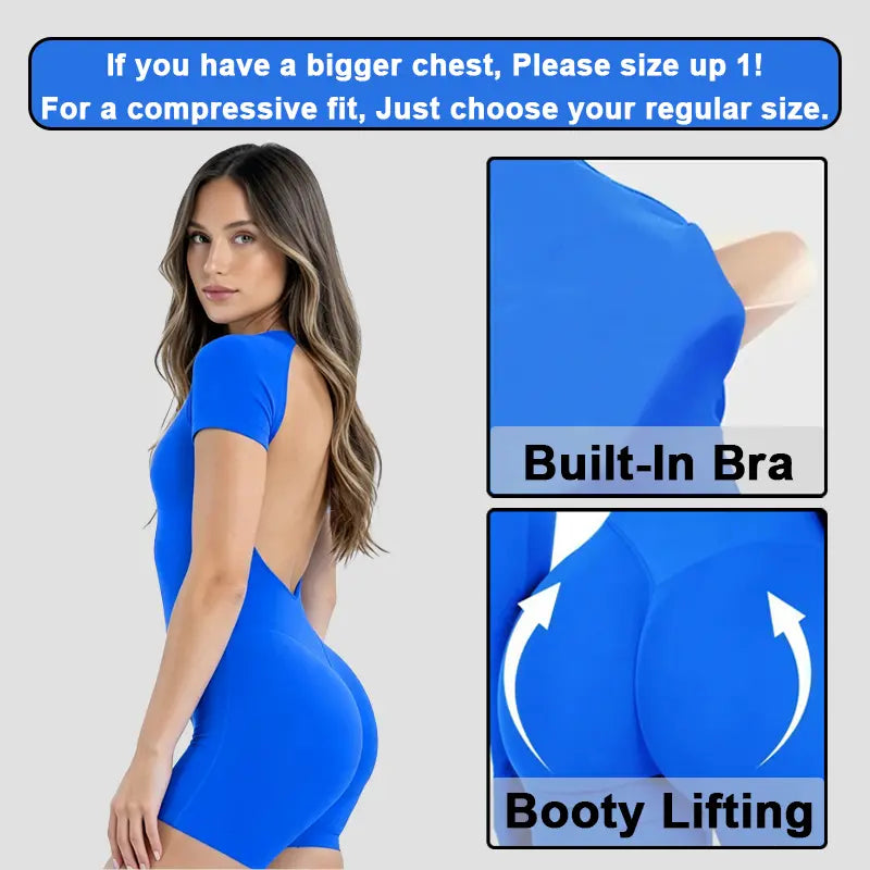 DENFY Women's Impact Short Sleeve One-Piece Bralette with Soft Padding, Tummy Control, and Butt Lifting Features for Gym and Yoga Activities - Strong Compression Design